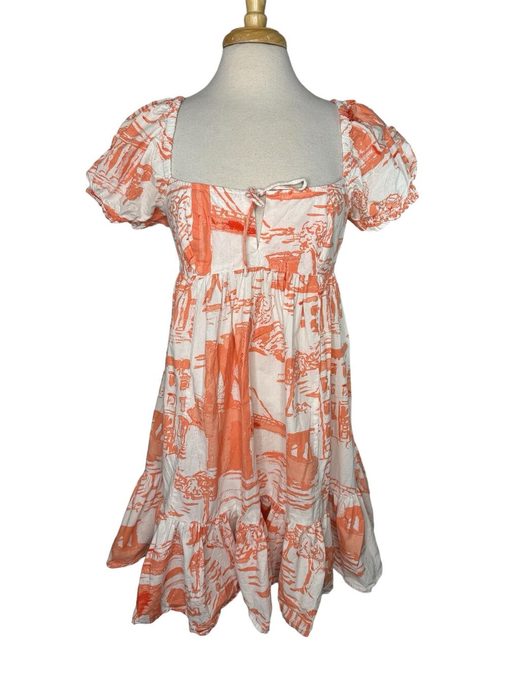 URBAN OUTFITTERS Wonderland Coral Babydoll Tieback Dress Puff Sleeve Size Large